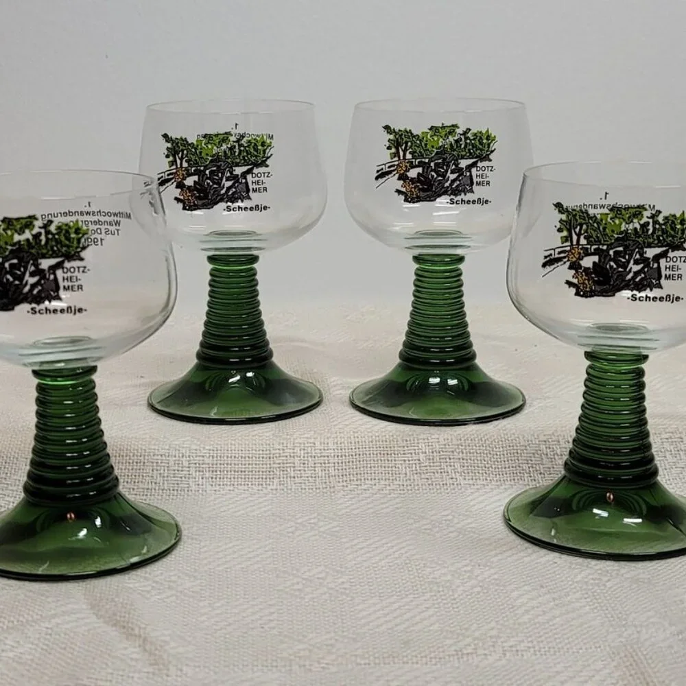 Vintage Volksmarch Wine Glass DotzHeimer Scheessje,‎ Green Stem Wine Glass 1990